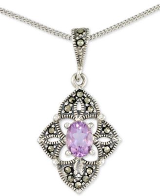 Amethyst (1/2 ct. t.w.) &  Marcasite Flower 18" Pendant Necklace in Sterling Silver