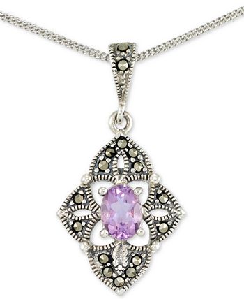 Macy's - Amethyst (1/2 ct. t.w.) &  Marcasite Flower 18" Pendant Necklace in Sterling Silver