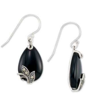 image of Onyx (12 x 18 x 4mm) & Marcasite Teardrop Drop Earrings in Sterling Silver