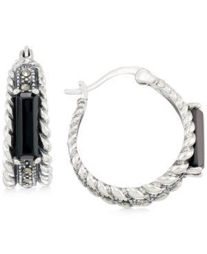 image of Onyx (3-1/2 x 9-1/2mm) & Marcasite Hoop Earrings in Sterling Silver