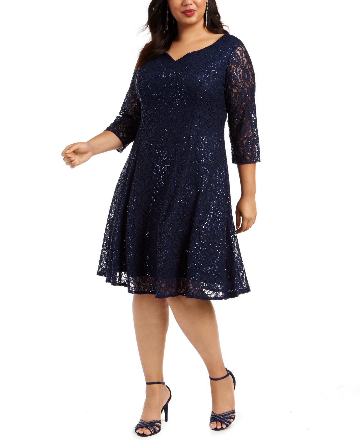 Plus Size Sequined Lace Dress - Navy