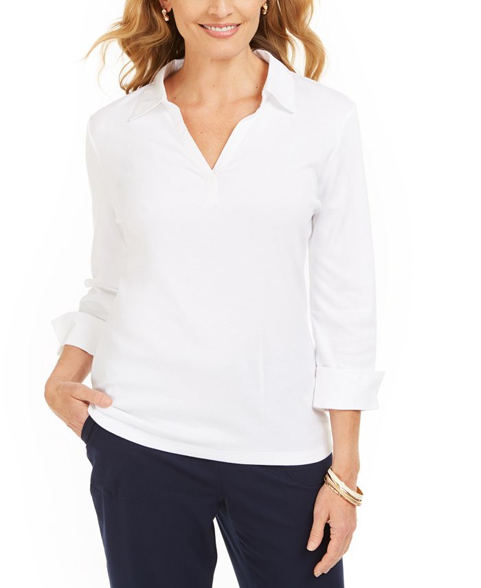 Karen Scott V-Neck 3/4-Sleeve Cotton Top, Created for Macy's & Reviews ...