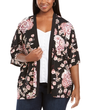 Belldini Plus Size Floral-Print Open-Front Cardigan