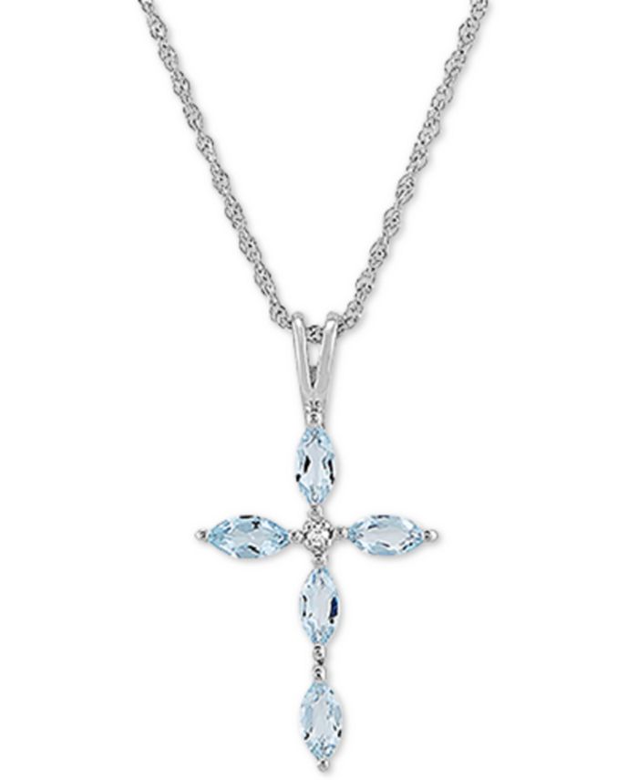 Macy's - Aquamarine (1/2 ct. t.w.) & Cubic Zirconia 18" Cross Pendant Necklace in Sterling Silver