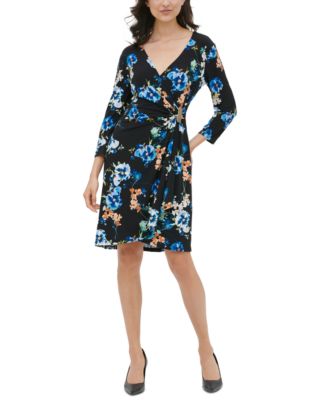 Calvin Klein Floral-Print Faux-Wrap Dress - Macy's