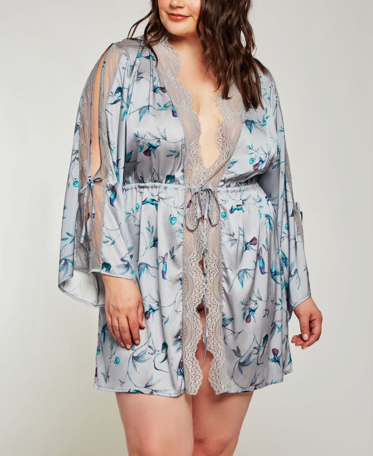 Plus Size Hummingbird Print Robe Lingerie, Online Only - Multi