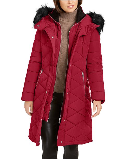 Calvin Klein Diamond Quilt Faux Fur Trim Hooded Puffer Coat