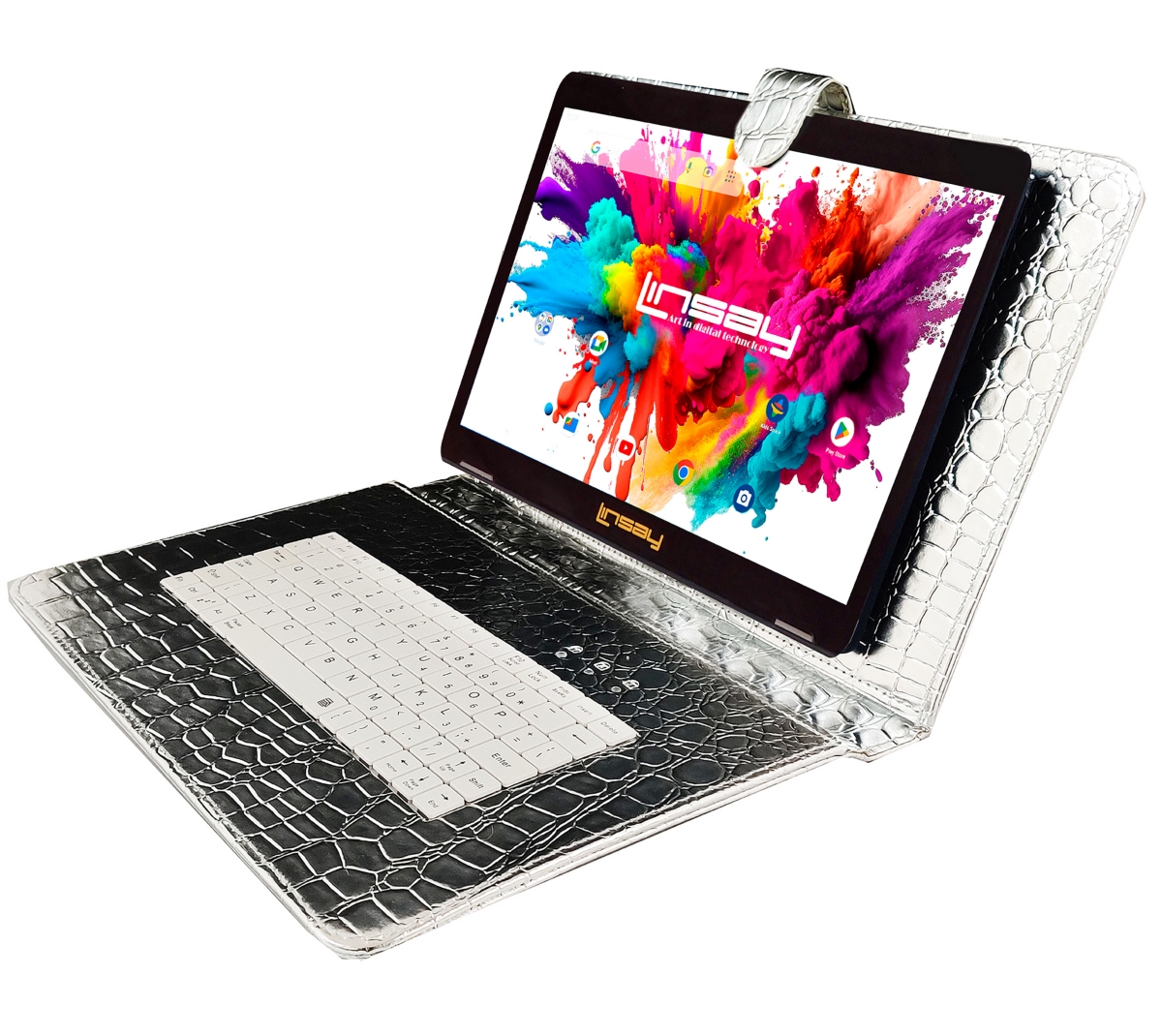 New Linsay 10.1" Tablet Octa Core 128GB Bundle Deluxe with Silver Keyboard Newest Android 15