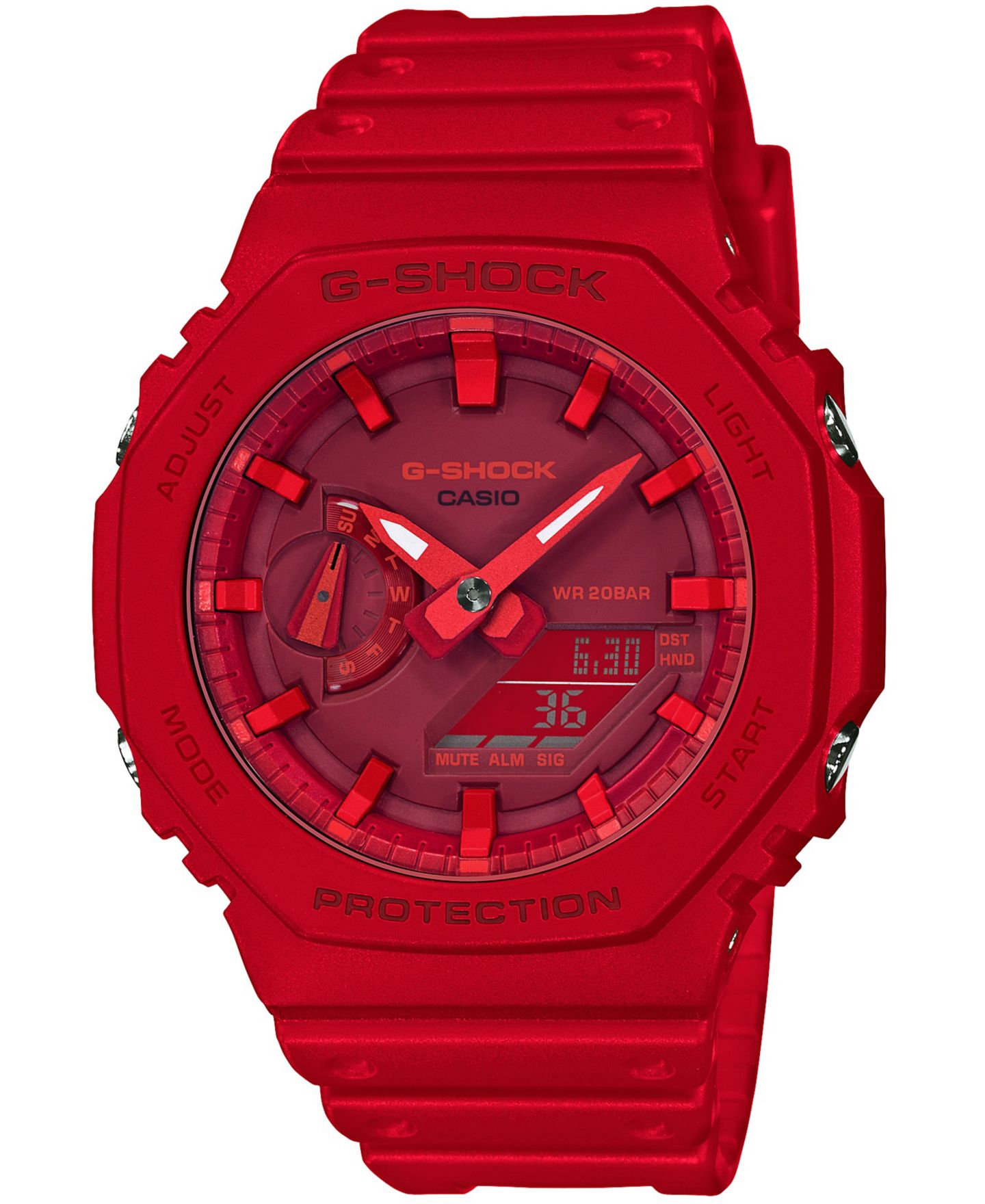 Мужские аналогово-цифровые часы G-Shock GA2100-4A, красный ремешок из смолы, 45.4 мм — фото 1
