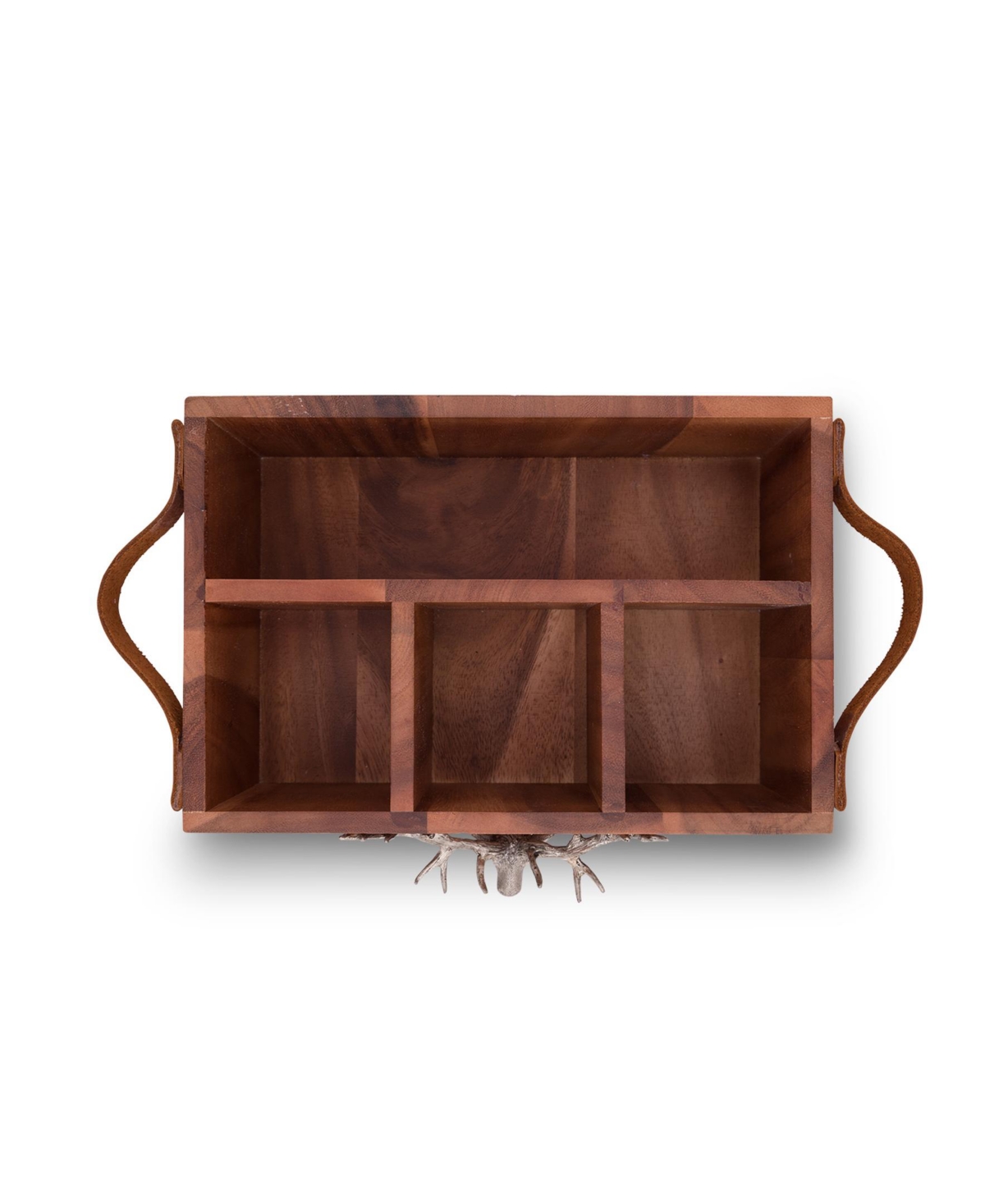 Vagabond House Caddy Rectangle Acacia Wood Flatware, Serve Ware, Utensil, Carry-All Holder with SolidRustic Elk Head Accent and Real Leather H