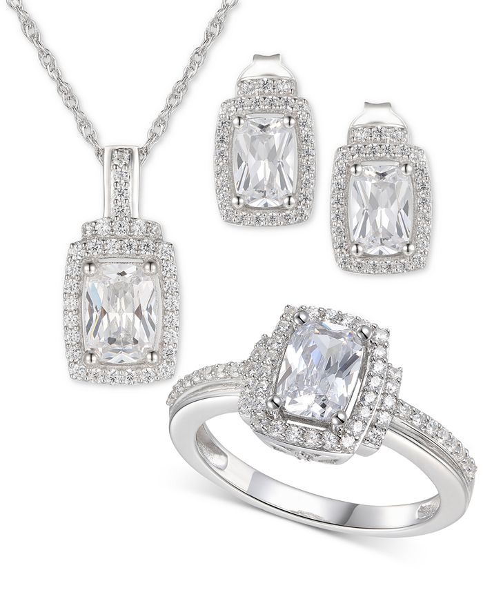 Macy's - 3-Pc. Set Cubic Zirconia Halo Pendant Necklace, Drop Earrings and Ring in Sterling Silver