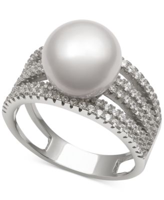 Macy's - Cultured Freshwater Pearl (10mm) and Cubic Zirconia Multi-Row Statement Ring in Sterling Silver