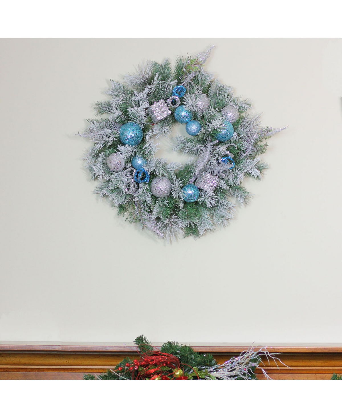 Northlightand Silver Sequin Ornaments Artificial Flocked Pine Christmas Wreath - Unlit - Blue
