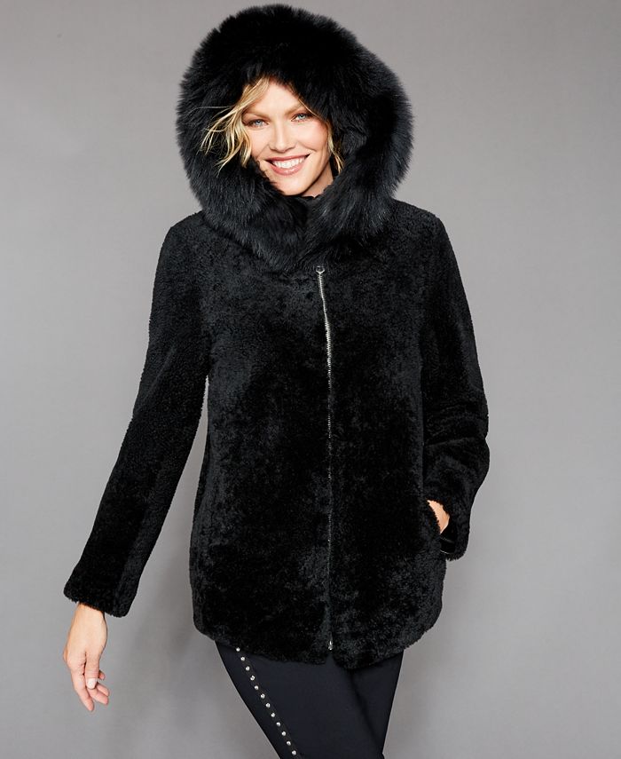 The Fur Vault Shearling Lamb Fox-Fur-Trim Hooded Jacket & Reviews - Macy's
