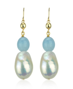 image of White Freshwater Cultured Pearl (11-14mm) and Blue Aquamarine (9 1/ 2 ct. t.w) Dangle Earrings in 14k Yellow Gold