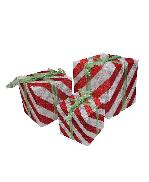 Northlight Set Of 3 Lighted White And Red Striped Gift Box Outdoor