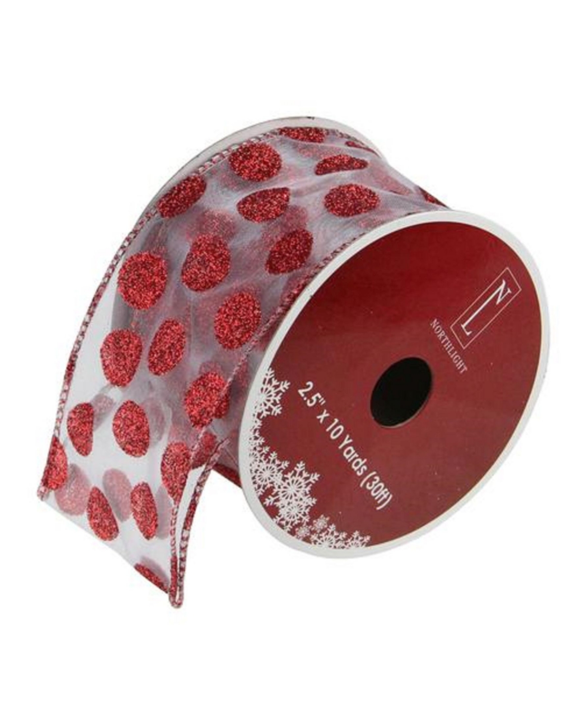Silver and Red Glittering Polka Dots Wired Christmas Craft Ribbon 2.5" x 10 Yards - White