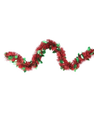 Northlight 12' Shiny Red Christmas Tinsel Garland With Green Holly Leaves