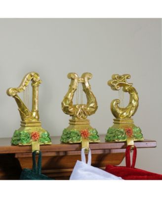 Set of 3 Gold Harp Musical Instruments Glittered Christmas Stocking Holders 8"