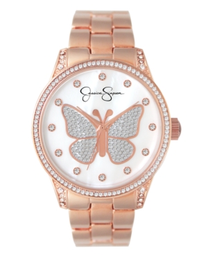image of Jessica Simpson Women-s Pave Crystal Butterfly Rose Gold Tone Bracelet Watch 36mm