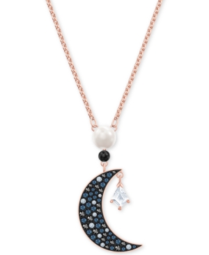image of Swarovski Rose Gold-Tone Imitation Pearl & Crystal Moon Pendant Necklace, 15-5/8