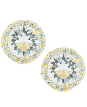 image of Clear Color Swarovski Crystal Round Halo Stud Earrings Set In 14k Gold Over Sterling Silver