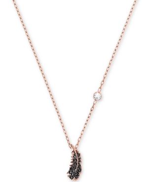 image of Swarovski Rose Gold-Tone Black Pave Feather Pendant Necklace, 14-7/8
