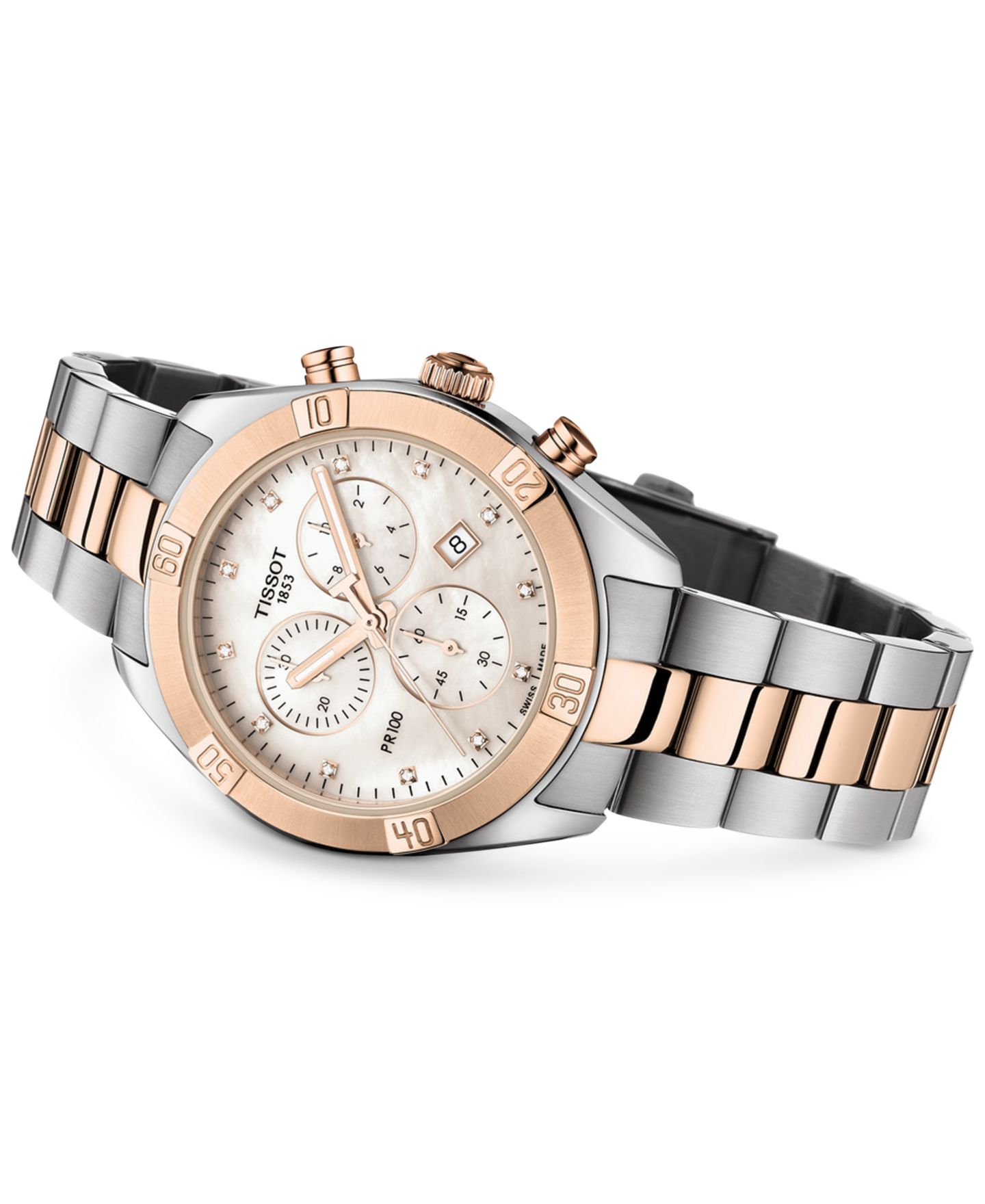 Женские часы Tissot Swiss Chronograph T-Classic PR 100 Diamond (1/20 ct. t.w.) Two-Tone PVD Stainless Steel Bracelet Watch 38mm — фото 2
