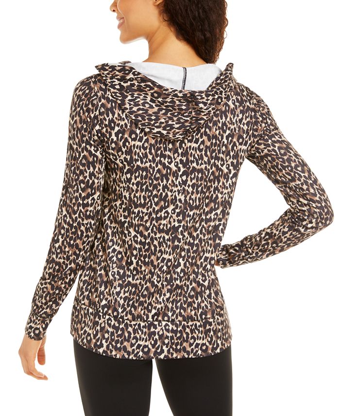 Ideology Women's Color Bold Leo Leopard Round Hem Hoodie Brown Size X-Large