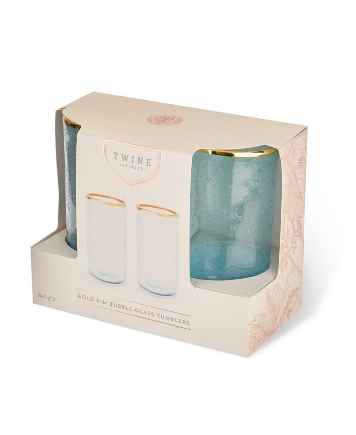 Twine Aqua Bubble Gold Rim Glass Tumblers, Set of 2, 16 Oz - Blue