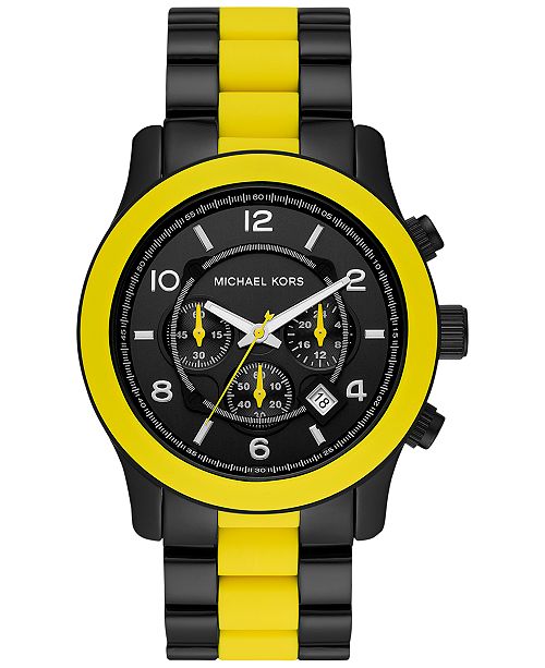 Michael Kors Men S Chronograph Runway Yellow Silicone Black Ion Plated Stainless Steel Bracelet Watch 45mm Reviews Watches Jewelry Watches Macy S