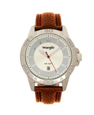 Wrangler Men's Watch, 46MM Silver Colored Case with Embossed Arabic Numerals on Bezel, Ivory Sunray Dial, Silver Index Markers, Analog, Brown Strap