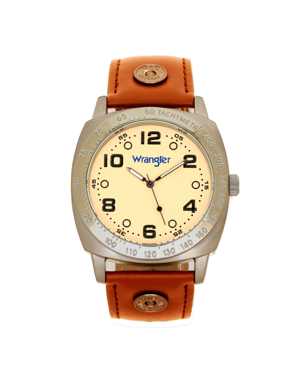 Men's Watch, 44MM Ip Grey Cushion Shaped Case, Beige Dial with Black Arabic Numerals, Brown Strap Rivets, Second Hand - Brown