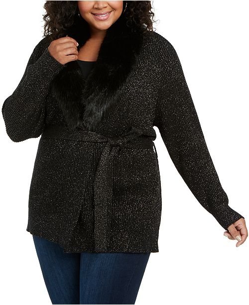 Michael Kors Plus Size Metallic Faux Fur Trim Cardigan Reviews