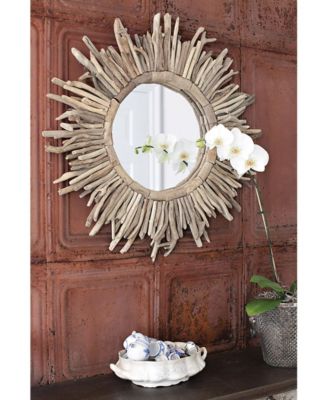 Round Driftwood Framed Sunburst Wall Mirror, Natural