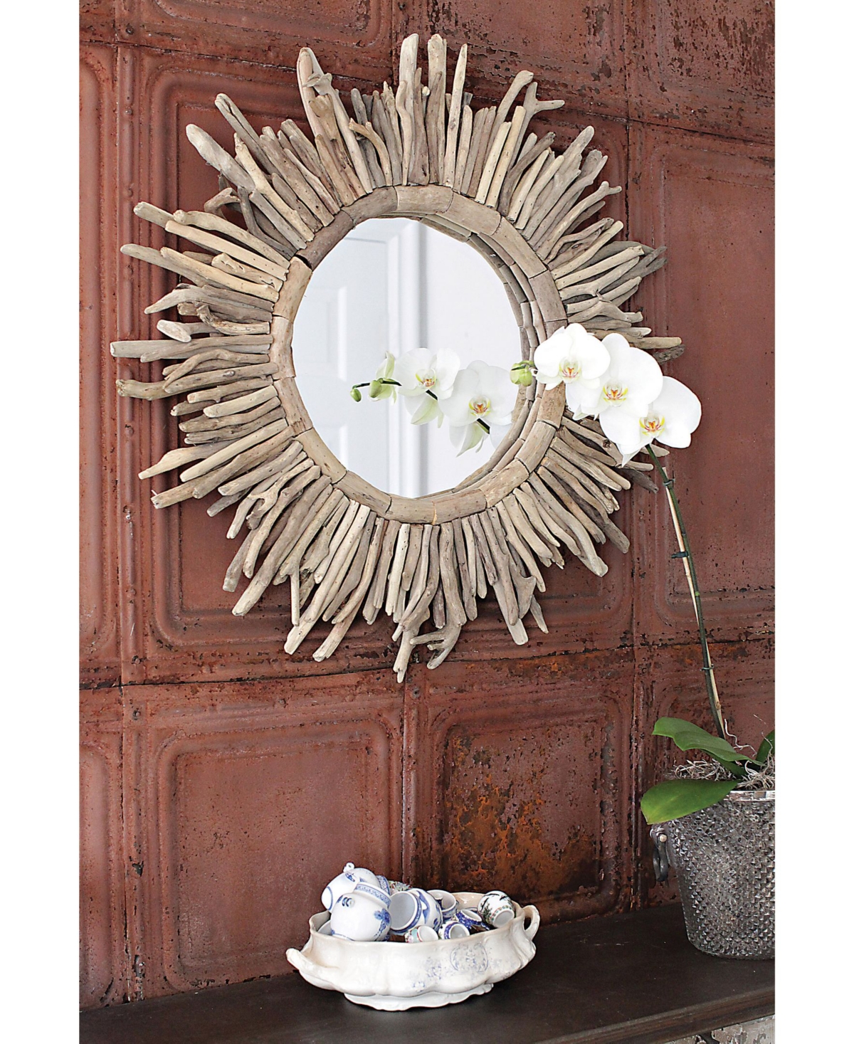 Round Driftwood Framed Sunburst Wall Mirror, Natural