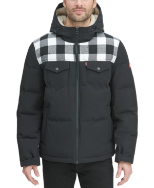 Levi's Men's Quilted Mix-Media Puffer Jacket with Fleece-Lined Hood