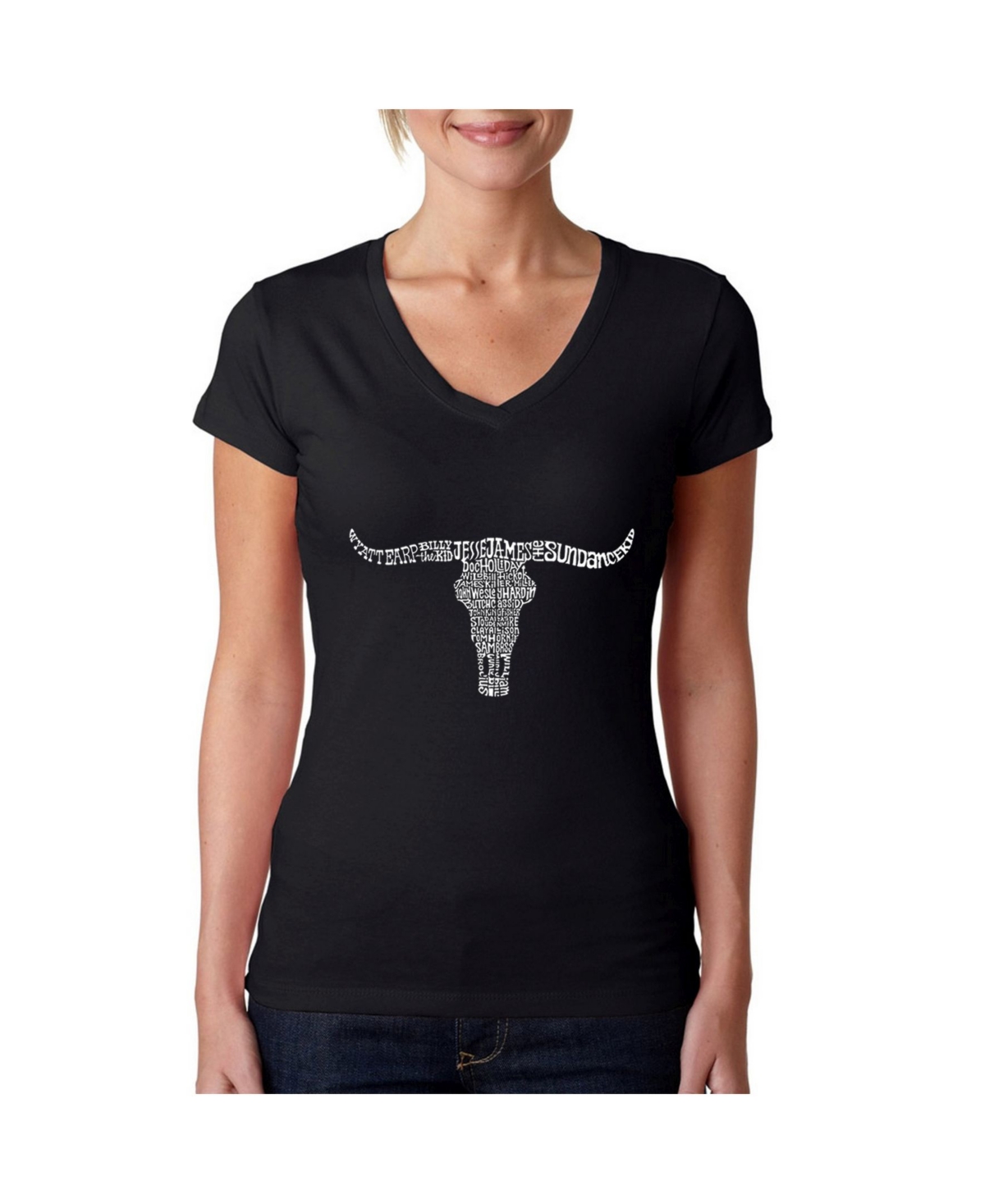Women's Word Art V-Neck T-Shirt - Names of Legendary Outlaws - Black