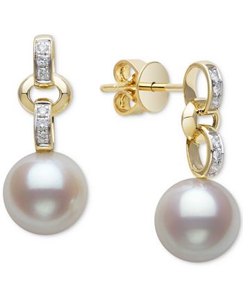 Belle de Mer - Belle De Mer Cultured Freshwater Pearl (9mm) & Diamond (1/10 ct. t.w.) Drop Earrings in 14k Gold