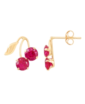 image of Created Ruby (1-1/3 ct. t.w.) Button Cherry Leaf Earrings in 10k Yellow Gold