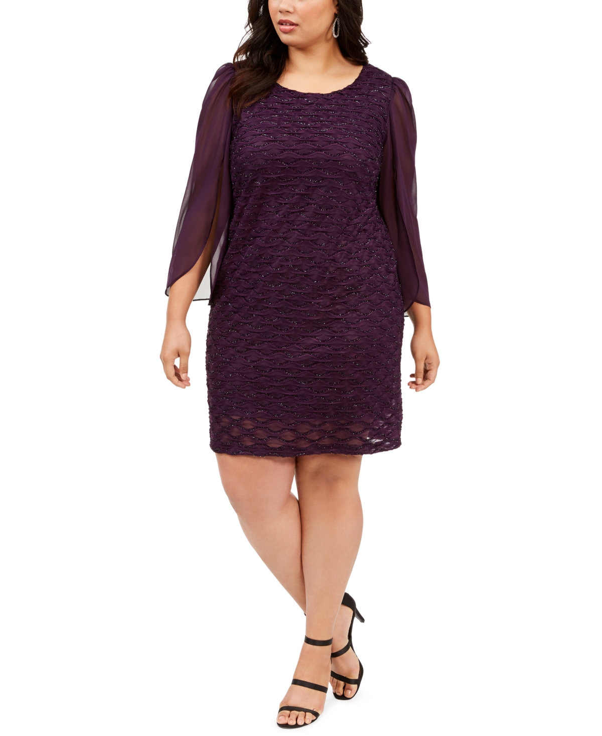 Connected Plus Size Jacquard Tulip-sleeve Dress In Aubergine