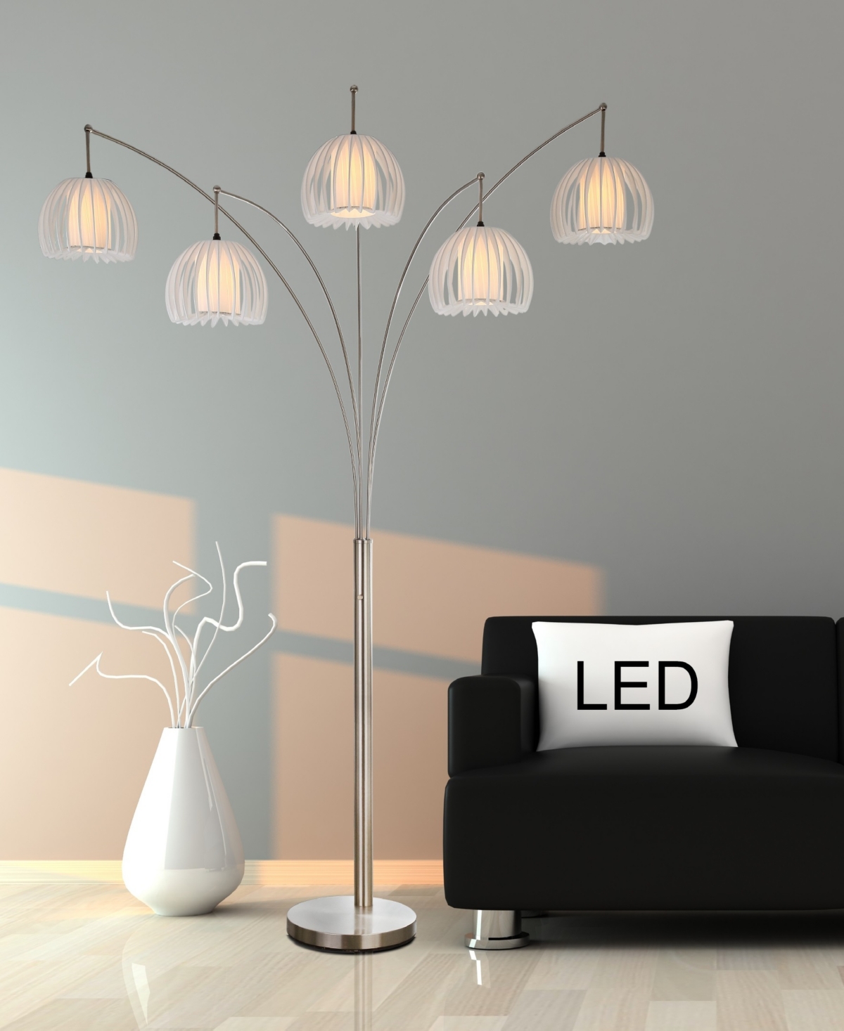 Artiva Usa Zucca 5-Arch Brushed Steel Led Floor Lamp with Dimmer