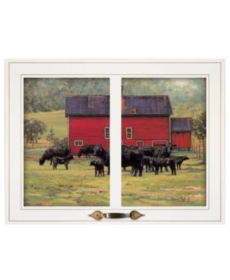 By the Red Barn Herd of Angus by Bonnie Mohr, Ready to hang Framed Print, White Window-Style Frame, 19" x 15"