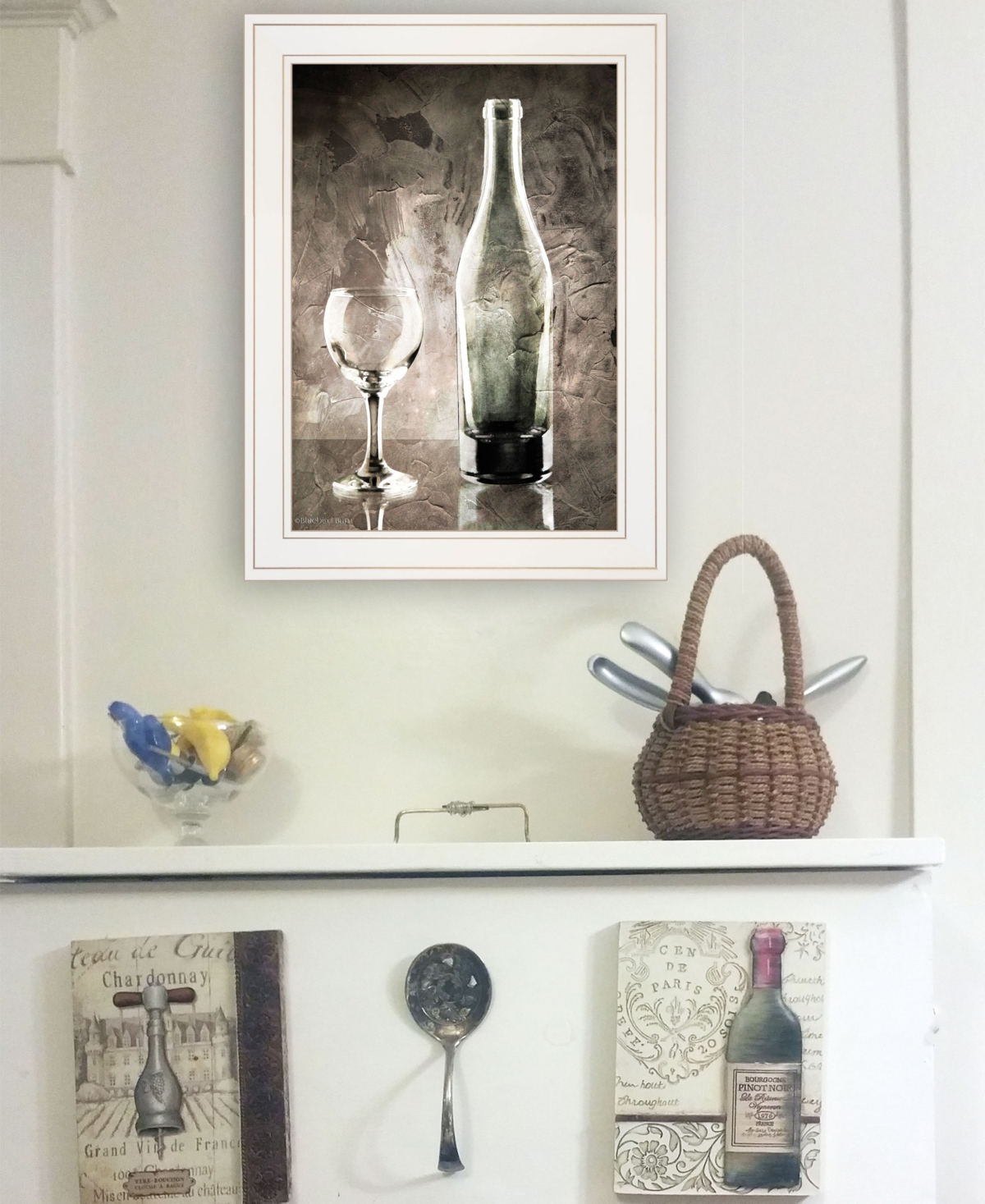 Trendy Decor 4U Moody Gray Wine Glass Still Life by Bluebird Barn, Ready to hang Framed Print, White Frame,