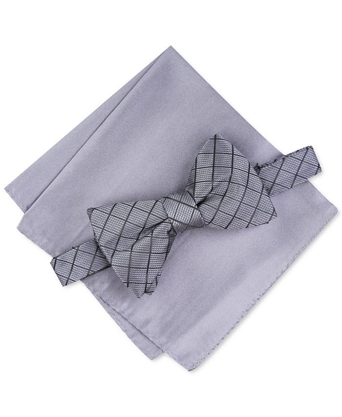 Alfani - Men's Grid Pre-Tied Bow Tie & Solid Pocket Square Set
