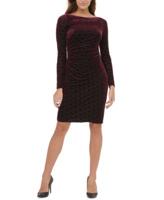 Tommy Hilfiger Women's Plus Long Sleeve Velvet Burnout Sheath Dress Red Size 18W