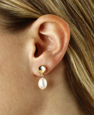 Cultured Freshwater Pearl Oval Drop Earrings (8 x 10mm) in 14k Gold