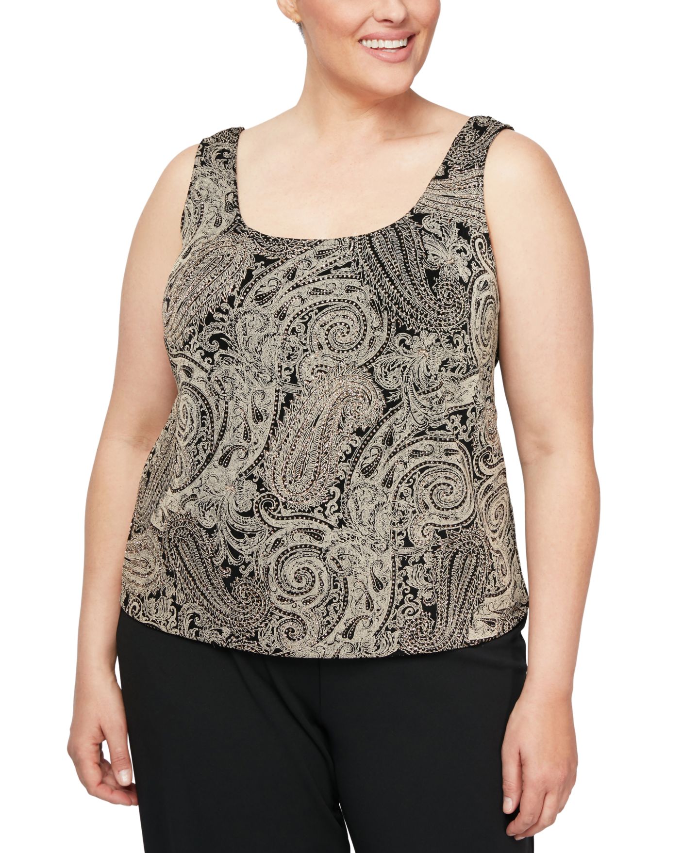 Женские комплекты Alex Evenings Plus Size Glitter-Print Jacket & Top Set, цвет: Чёрный / Серо-бежевый — фото 3