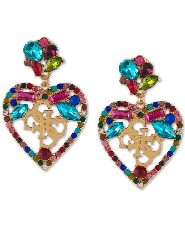 GUESS Gold-Tone Crystal Heart Logo Drop Earrings - Macy's