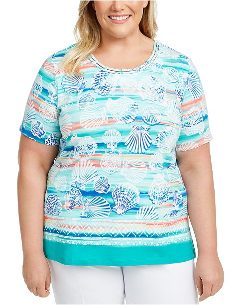 Alfred Dunner Plus Size Miami Beach Printed Lattice-Neck Top & Reviews - Tops - Plus Sizes - Macy&#39;s